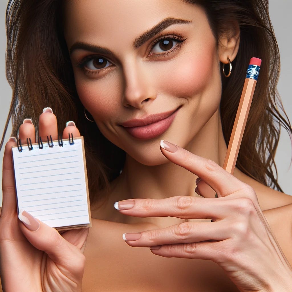 A natural and attractive woman holding a comically small notepad and pencil, conveying the idea of brevity. The notepad and pencil are humorously tiny, highlighting the theme of shortness or succinctness. She has a confident and amused expression, as if she's about to jot down something very brief. The background is subtle and non-distracting, focusing the viewer's attention on the woman and her miniature writing instruments.